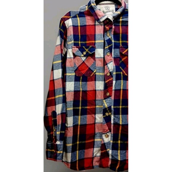 Roebuck & Co Red Blue Plaid Flannel Shirt Men's L Cotton Pockets Lumberjack Vibe - Picture 2 of 7